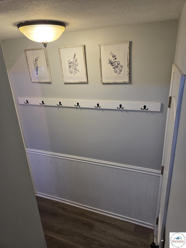 1010 NW Scenic Dr, Grain Valley, MO 64029 - mudroom with wood finished floors, a textured ceiling, and wainscoting
