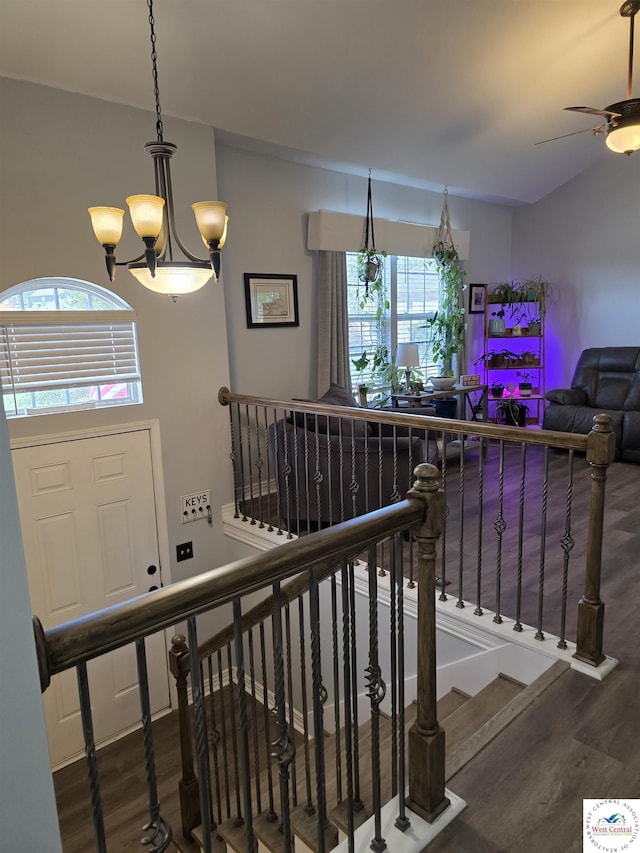 1010 NW Scenic Dr, Grain Valley, MO 64029 - staircase featuring wood finished floors, plenty of natural light, a chandelier, and ceiling fan