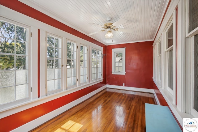 503 S 2nd St, Clinton, MO 64735 - unfurnished sunroom featuring baseboards, hardwood / wood-style flooring, ornamental molding, and wood ceiling