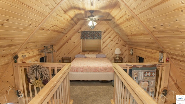 29139 Sandy Ln, Lincoln, MO 65338 - unfurnished bedroom featuring wood ceiling, vaulted ceiling, wood walls, carpet, and ceiling fan