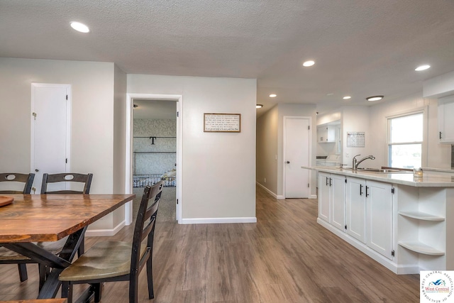 dining room featuring recessed lighting, a textured ceiling, wood finished floors, and baseboards