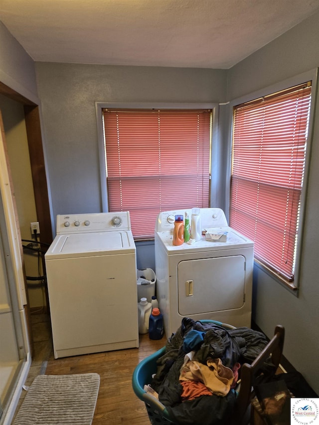 clothes washing area with separate washer and dryer, laundry area, and wood finished floors