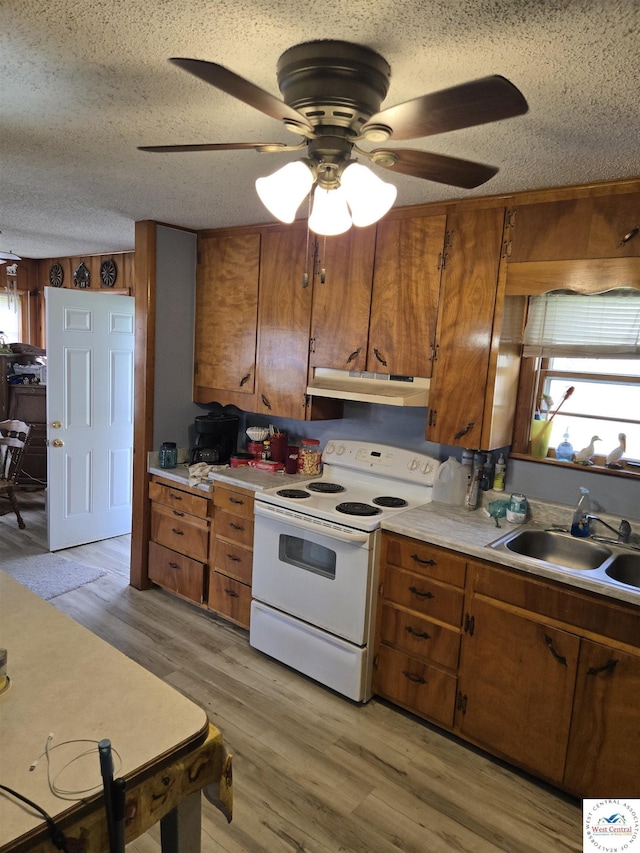 kitchen with under cabinet range hood, white range with electric cooktop, brown cabinets, and a sink