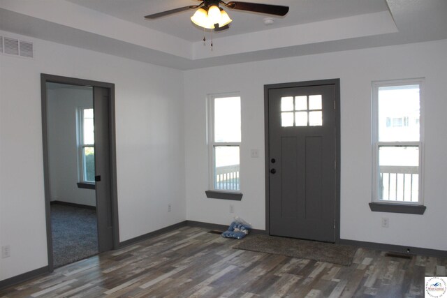 entrance foyer featuring wood finished floors, a wealth of natural light, visible vents, a ceiling fan, and a tray ceiling