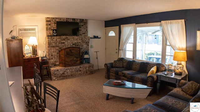 29781 Lake Road 57 Rd, Warsaw, MO 65355 - living area with a wall mounted AC, carpet flooring, and a brick fireplace