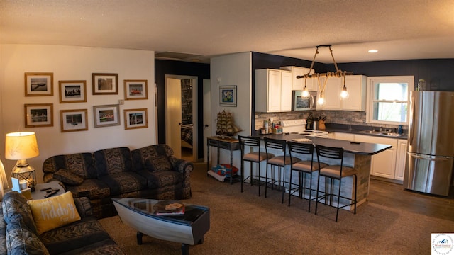 29781 Lake Road 57 Rd, Warsaw, MO 65355 - living area with dark carpet and a textured ceiling