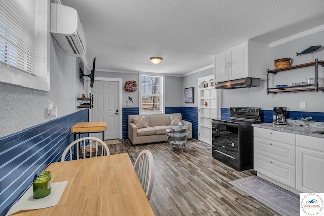 21439 Lost Rd, Warsaw, MO 65355 - kitchen featuring a textured ceiling, crown molding, white cabinets, under cabinet range hood, and black range with electric cooktop
