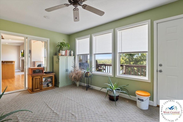 22714 Lake Dr, Warsaw, MO 65355 - living area featuring a ceiling fan and carpet flooring