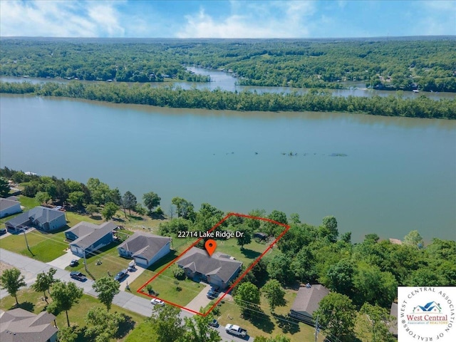22714 Lake Dr, Warsaw, MO 65355 - aerial view of property and surrounding area featuring property parcel outlined and a large body of water