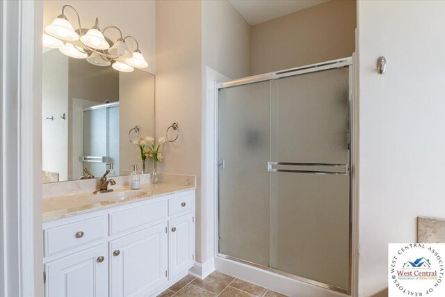 22714 Lake Dr, Warsaw, MO 65355 - full bath with vanity, a stall shower, and a chandelier