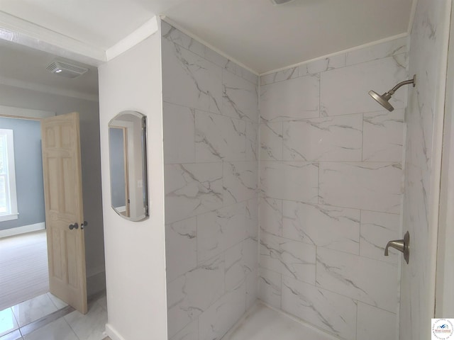 1105 Lay Ave, Warsaw, MO 65355 - full bath featuring tiled shower, marble finish flooring, and crown molding
