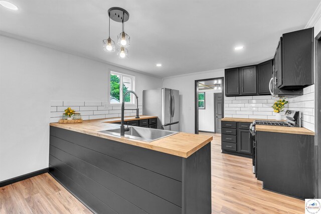 1401 S Park Ave, Sedalia, MO 65301 - kitchen featuring wood counters, appliances with stainless steel finishes, a sink, tasteful backsplash, and plenty of natural light