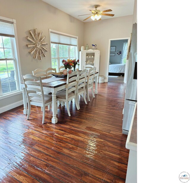 165 NE 100th Rd, Clinton, MO 64735 - dining room with dark wood-style floors, baseboards, and ceiling fan