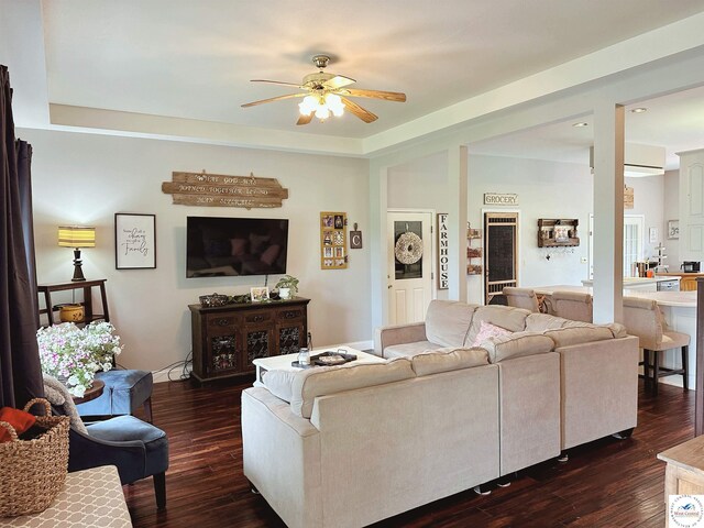 165 NE 100th Rd, Clinton, MO 64735 - living area with ceiling fan and dark wood-type flooring