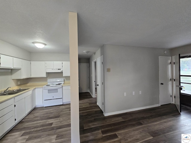206 N Ohio St, Chilhowee, MO 64733 - kitchen featuring white electric stove, under cabinet range hood, a sink, dark wood-style floors, and a textured ceiling
