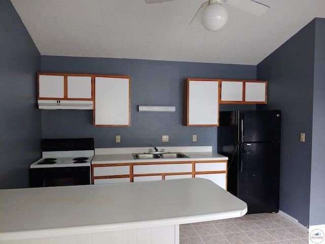 206 N Ohio St, Chilhowee, MO 64733 - kitchen with freestanding refrigerator, electric range, under cabinet range hood, light countertops, and a sink