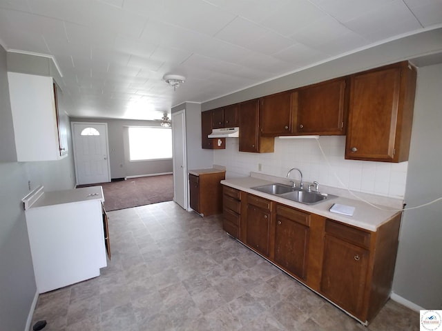 206 N Ohio St, Chilhowee, MO 64733 - kitchen featuring light floors, decorative backsplash, under cabinet range hood, a sink, and baseboards