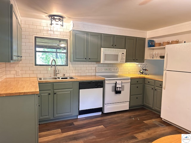 25609 Honey Bear Loop, Warsaw, MO 65355 - kitchen featuring white appliances, backsplash, wooden counters, dark wood-type flooring, and open shelves