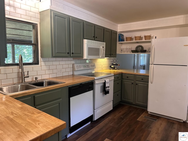 25609 Honey Bear Loop, Warsaw, MO 65355 - kitchen with white appliances, wooden counters, backsplash, and dark wood finished floors
