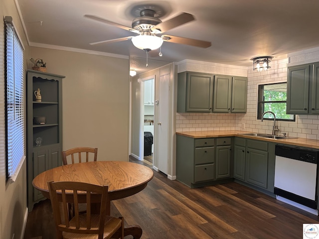 25609 Honey Bear Loop, Warsaw, MO 65355 - kitchen featuring white dishwasher, decorative backsplash, a ceiling fan, dark wood-style floors, and crown molding