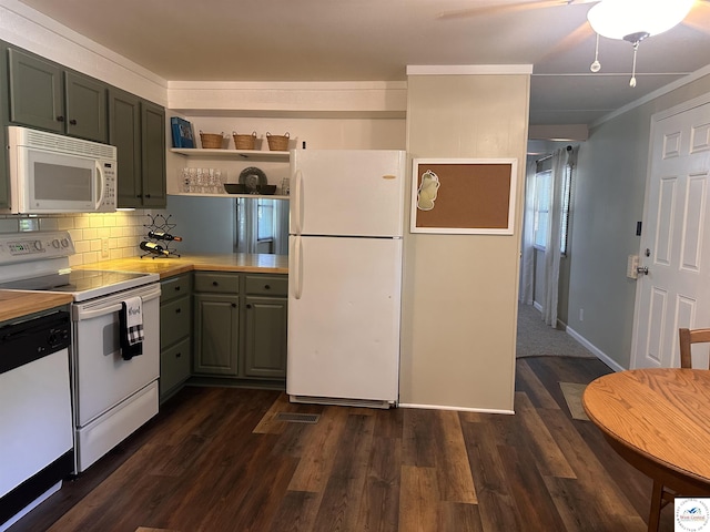 25609 Honey Bear Loop, Warsaw, MO 65355 - kitchen with white appliances, light countertops, backsplash, dark wood-style floors, and open shelves