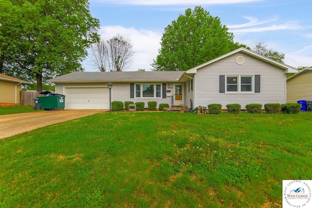 904 Leone Ave, Sedalia, MO 65301 - ranch-style home featuring concrete driveway, an attached garage, a front lawn, and fence