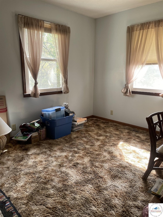 unfurnished room featuring baseboards, a healthy amount of sunlight, and carpet floors