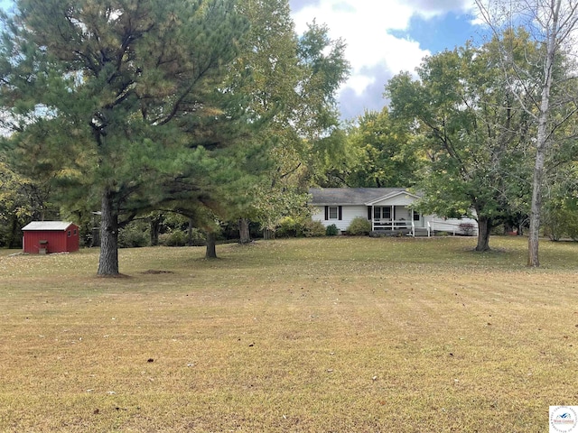 view of yard featuring an outdoor structure and a storage shed