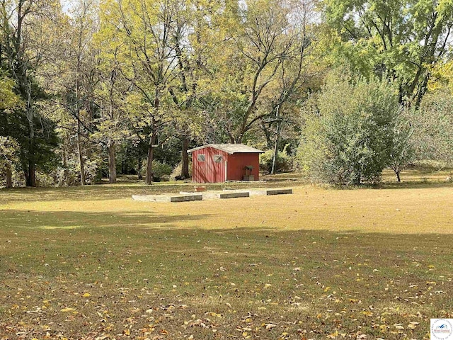 view of yard featuring an outdoor structure and a shed