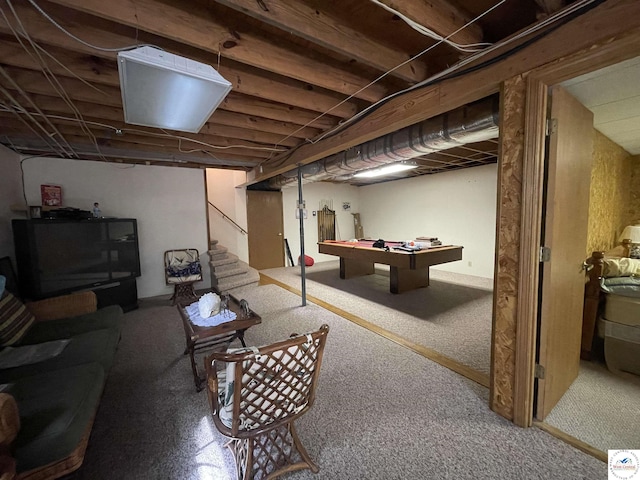 finished basement featuring stairs, pool table, and carpet