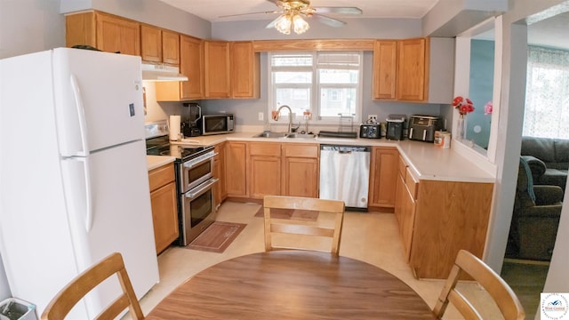 252 Shawn Ave, Lincoln, MO 65338 - kitchen featuring stainless steel appliances, a sink, under cabinet range hood, ceiling fan, and healthy amount of natural light