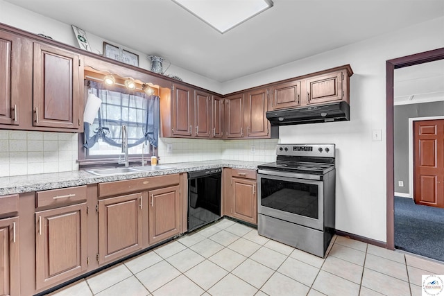 kitchen with stainless steel electric range oven, a sink, dishwasher, tasteful backsplash, and under cabinet range hood