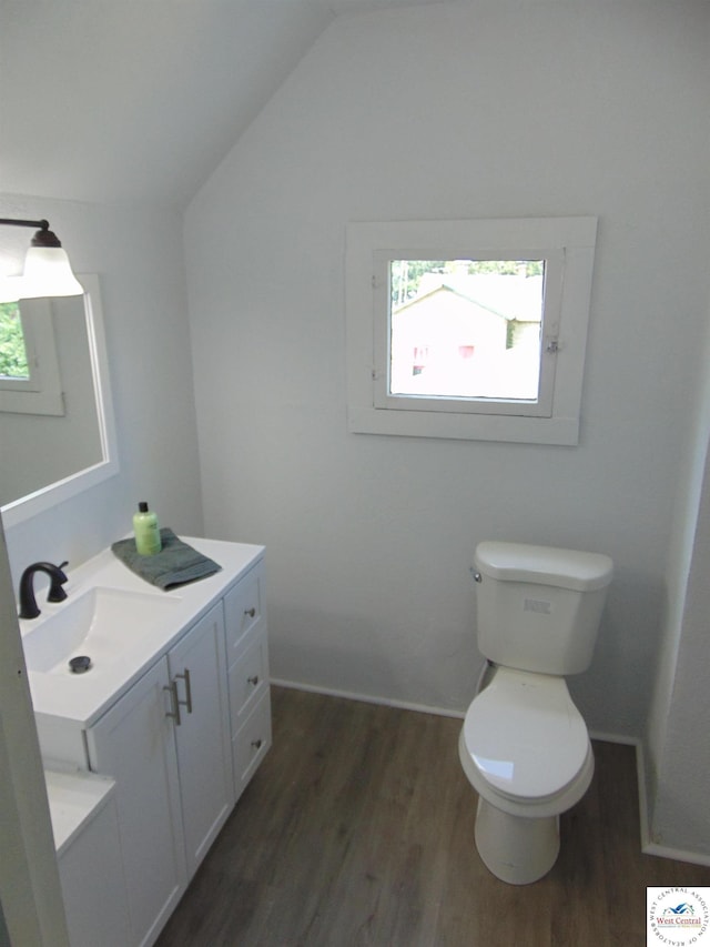 311 N Water St, Clinton, MO 64735 - bathroom with toilet, vanity, vaulted ceiling, and wood finished floors