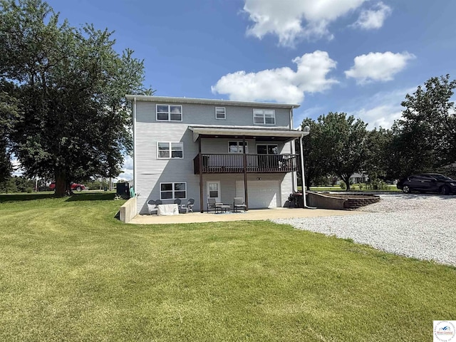 225 Crescent Dr, Lincoln, MO 65338 - rear view of property with gravel driveway, a yard, a garage, and a patio area