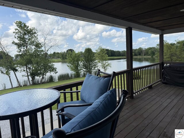 225 Crescent Dr, Lincoln, MO 65338 - wooden deck with a water view, a yard, area for grilling, and view of wooded area