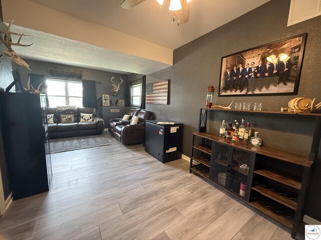 225 Crescent Dr, Lincoln, MO 65338 - living room with a textured wall, a ceiling fan, and wood finished floors