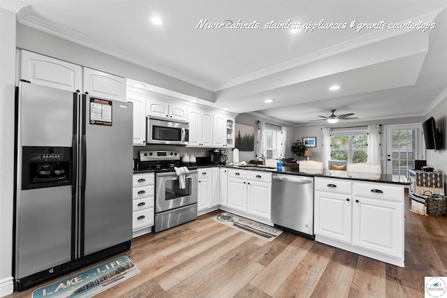kitchen with crown molding, recessed lighting, a peninsula, and stainless steel appliances