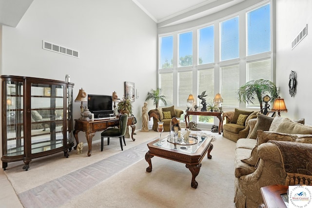 414 S Borgman Rd, Buckner, MO 64016 - living room featuring high vaulted ceiling, healthy amount of natural light, carpet floors, and ornamental molding