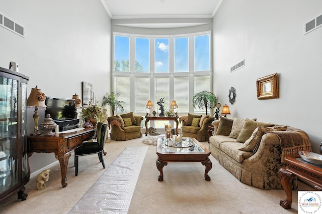 414 S Borgman Rd, Buckner, MO 64016 - carpeted living room with a towering ceiling, crown molding, and a desk