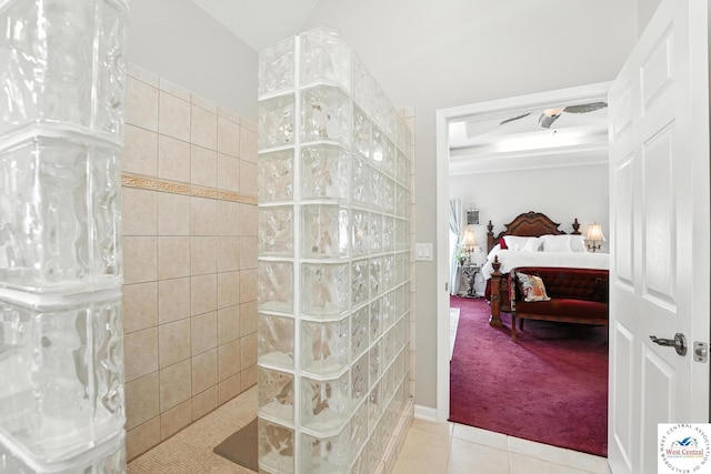414 S Borgman Rd, Buckner, MO 64016 - full bath featuring connected bathroom, a walk in shower, tile patterned floors, and ceiling fan
