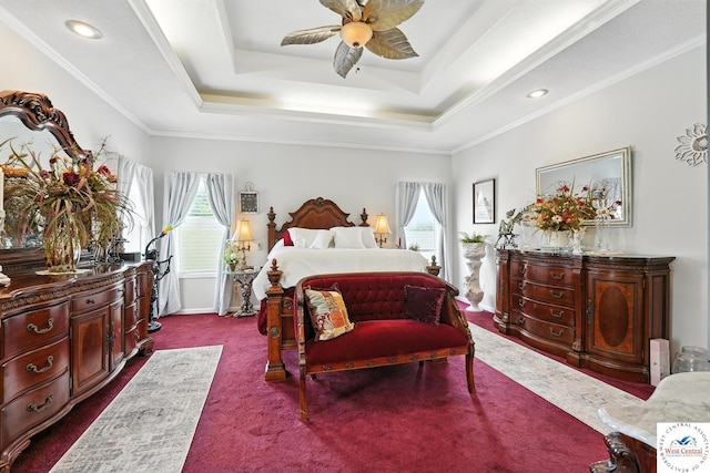 414 S Borgman Rd, Buckner, MO 64016 - bedroom with a tray ceiling, dark carpet, crown molding, ceiling fan, and recessed lighting