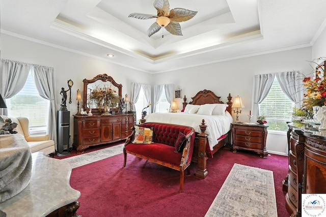 414 S Borgman Rd, Buckner, MO 64016 - bedroom featuring a raised ceiling, ceiling fan, crown molding, and dark carpet