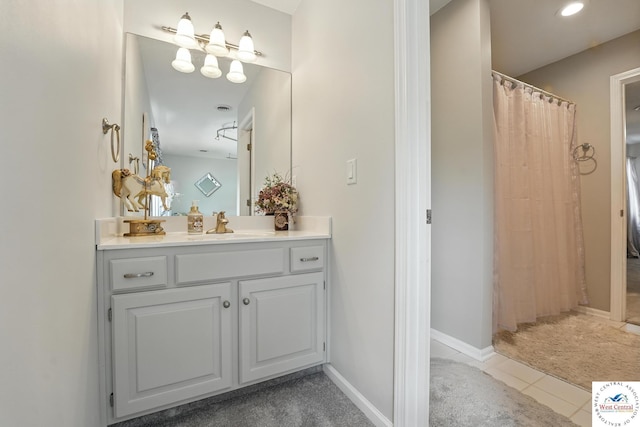 414 S Borgman Rd, Buckner, MO 64016 - bathroom featuring vanity, tile patterned flooring, a shower with curtain, and recessed lighting