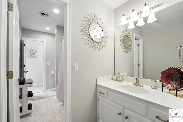 414 S Borgman Rd, Buckner, MO 64016 - bathroom with vanity, recessed lighting, tile patterned floors, and a shower with shower curtain