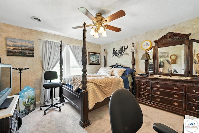414 S Borgman Rd, Buckner, MO 64016 - bedroom with light carpet, ceiling fan, a textured ceiling, and wallpapered walls