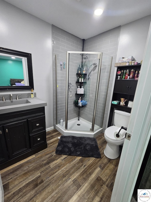 1824 S Grand Ave, Sedalia, MO 65301 - bathroom with wood finished floors, vanity, and a shower stall