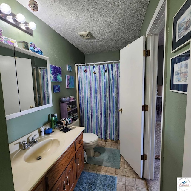 2206 N Swisher Dr, Clinton, MO 64735 - bathroom with vanity, tile patterned floors, toilet, visible vents, and a textured ceiling