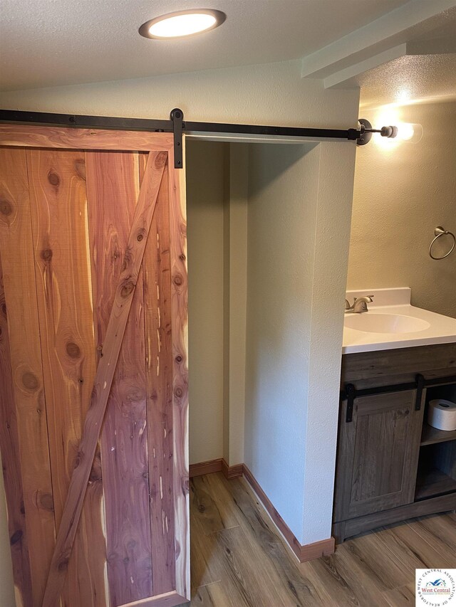 bathroom featuring vanity, wood finished floors, and baseboards