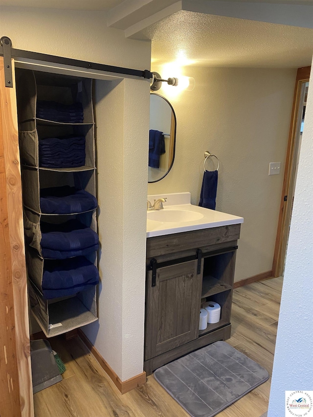 bathroom with baseboards, wood finished floors, and vanity