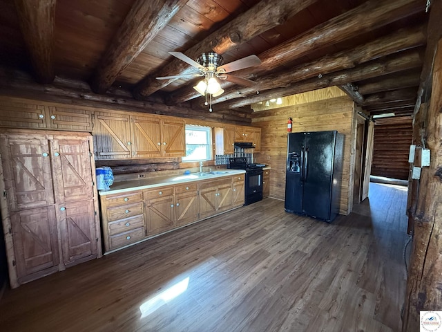 25956 S 7th Hwy, Warsaw, MO 65355 - kitchen featuring beam ceiling, black appliances, ceiling fan, and dark wood-style flooring